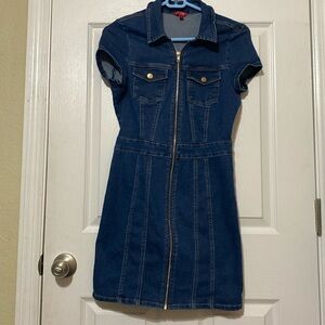 EUC Guess Denim Mini Dress Women’s medium Dark Blue Denim Kaori Moto Front Zip